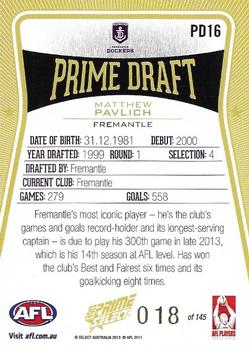 2013 Select Prime AFL - Prime Draft #PD16 Matthew Pavlich Back